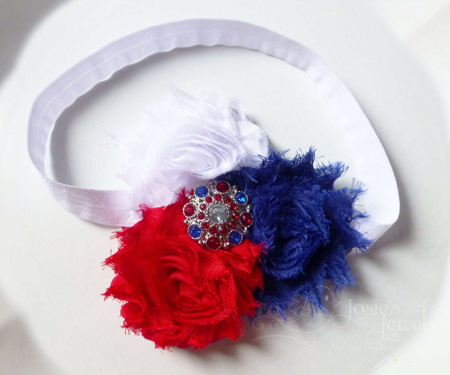 Red, White & Blue JULY 4TH Triple Shabby Chic Rosette Infant Toddler Girls Headband