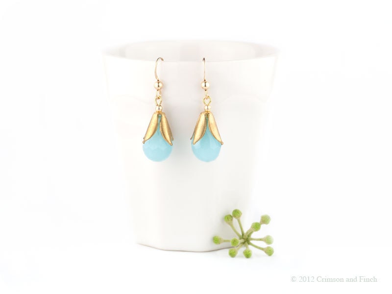 Gold filled Aqua blue chalcedony quartz teardrop earrings