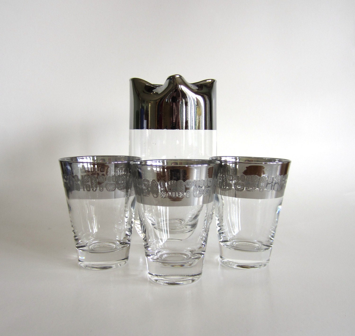 Silver Rim Glassware Set Dorothy Thorpe Era Cocktail Pitcher and Glasses Mid Century Modern Barware
