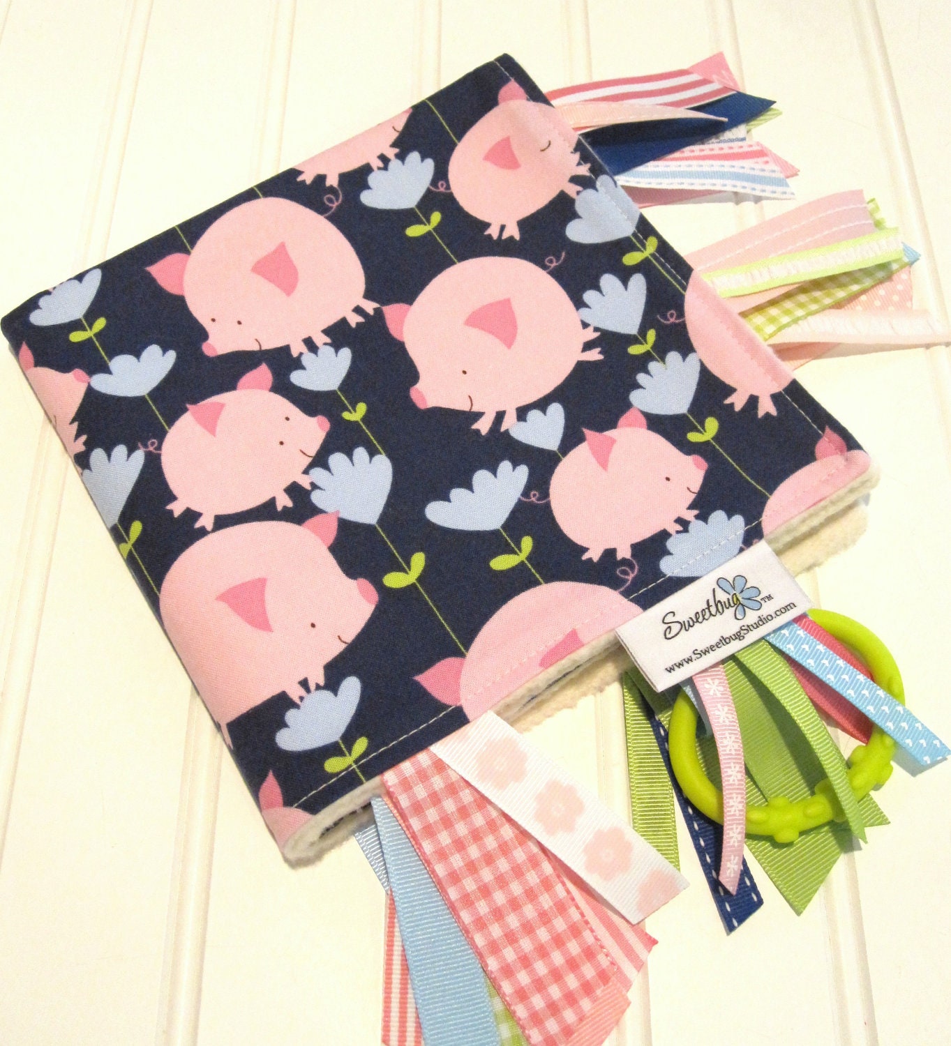 Sensory Ribbon Blanket,Lovey,Tag Blanket/Pigs and Flowers in Navy/Organic Cotton Fleece