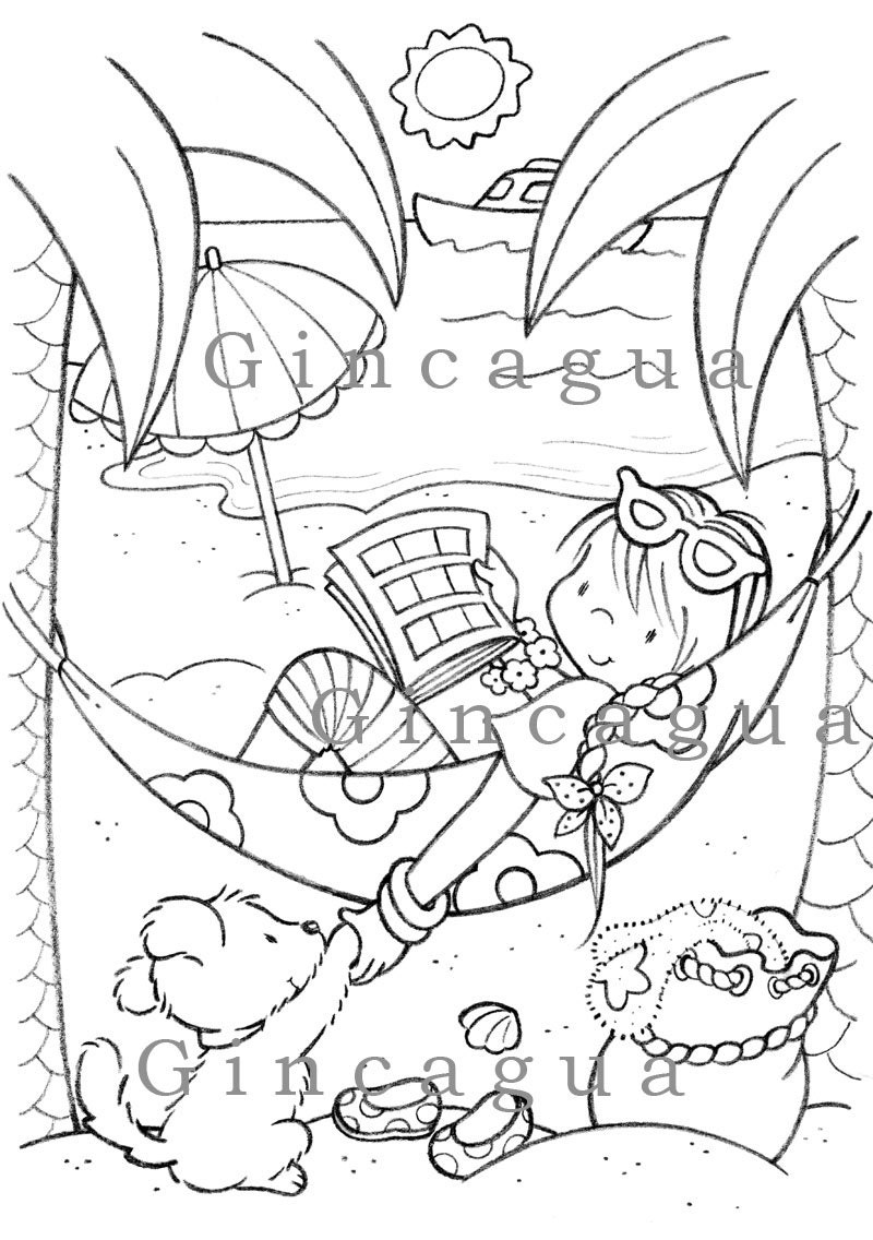 Items similar to Printable Coloring Page Girl on Beach Hammock with Dog