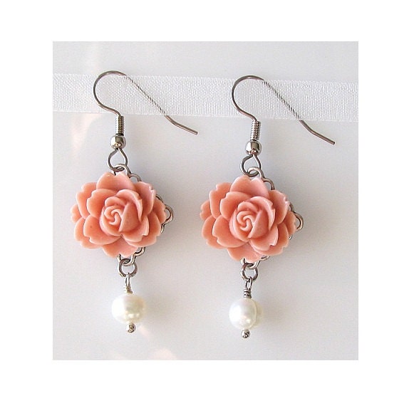 flower earrings, lotus earrings, bridesmaid gift, surgical steel earrings, peach earrings, rose pearl drop bridal jewelry