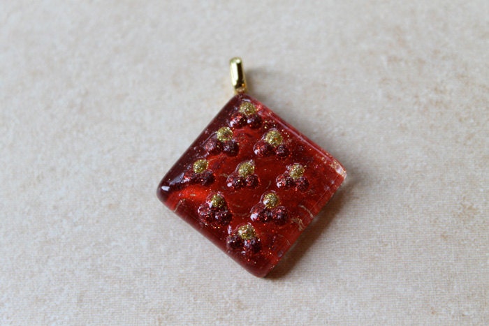 Glass tile Sparkling Pendant square 1 inch red gold handmade paper glittery dots necklace with chain Go Green