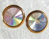 Vintage Rhinestone Earrings, Aurora Borealis Rivoli Crystals, Gold Button Clip-ons, Designer AVON, 1980s Wedding Bridal Costume Jewelry
