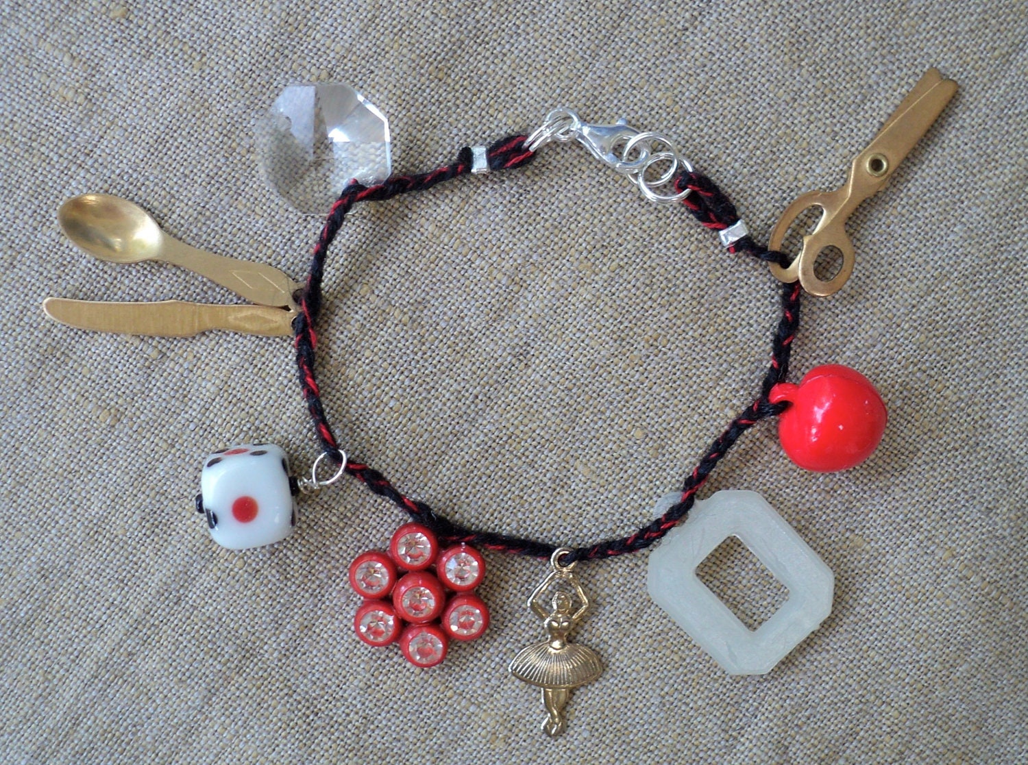 One of a kind Post modern charm bracelet ballerina dice apple scissors