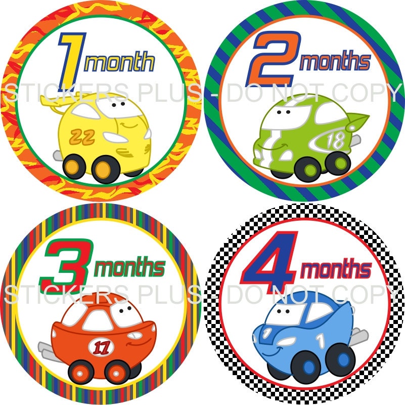Monthly Baby Boy Onesie Stickers Plus Just Born Cute Race Cars Orange Yellow Red Blue Green - 1-12 Months - Nice Gift