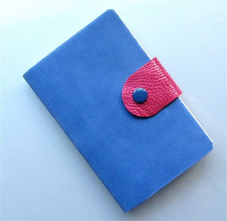 leather Notebook / journal / travel booklet / sketch book pocket size  in blue  leather and a fuchsia pink ostrich leather closure
