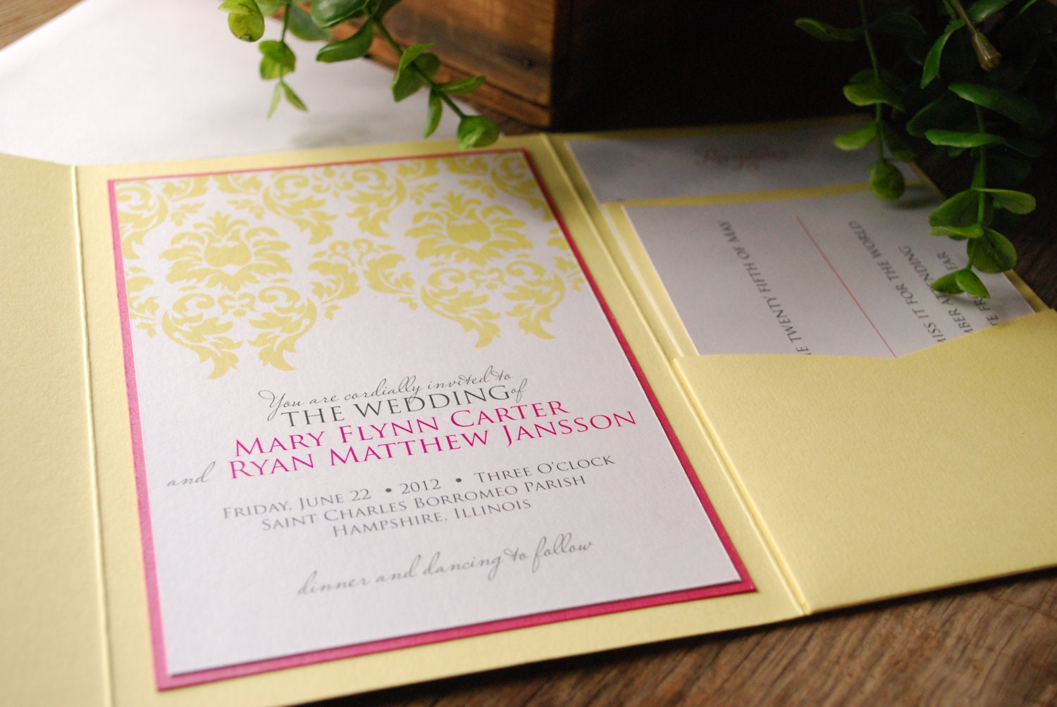 Wedding Invitation - Yellow and Pink Damask with Yellow Pocket and Inserts - birdhousestationery
