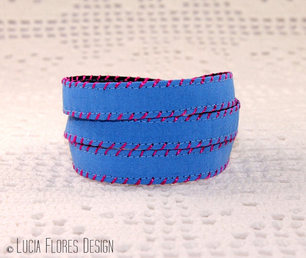 Bohemian wrap bracelet triple Hippie wrap - Blue hand embroidery by LuciaFloresDesign