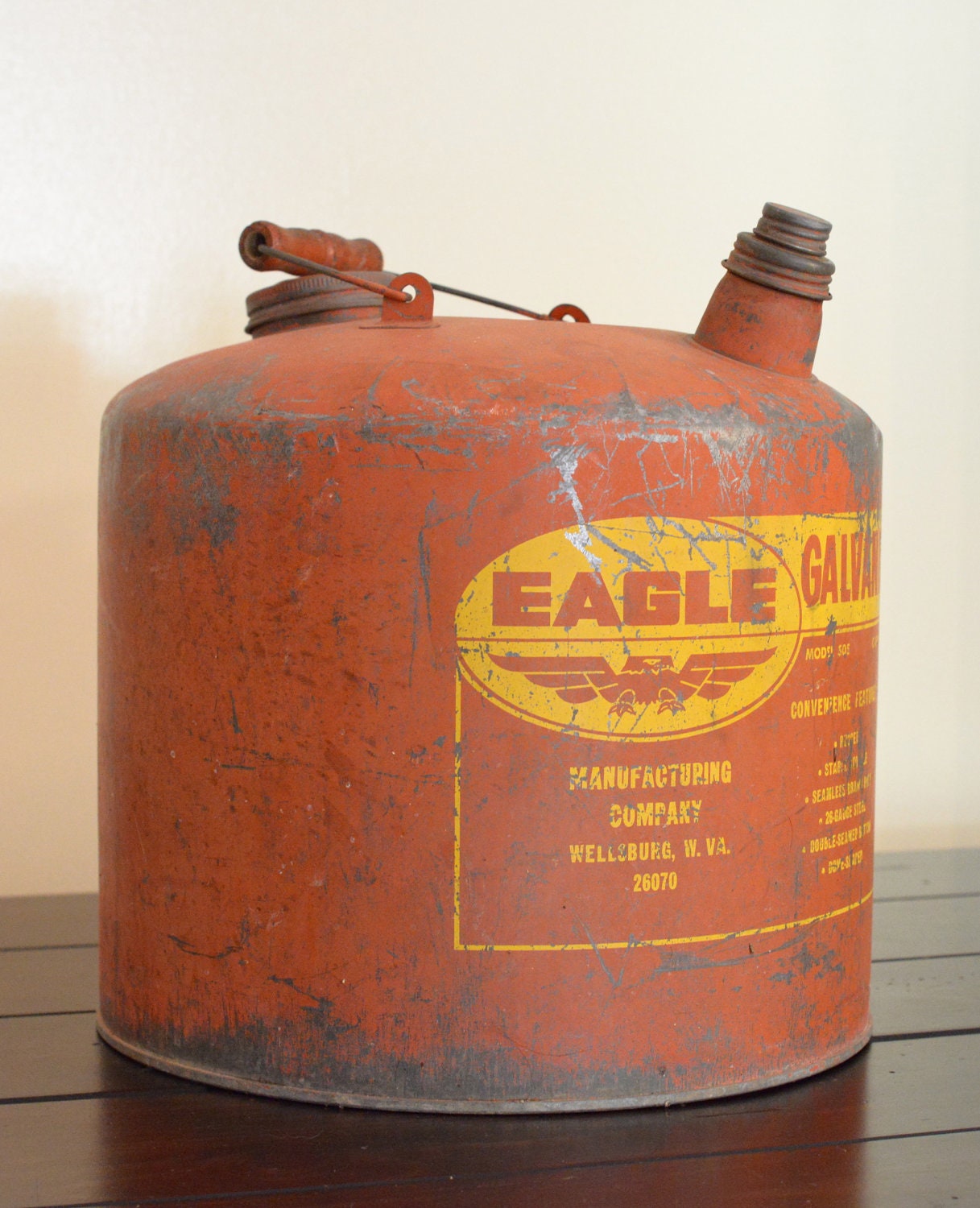 Vintage Eagle Gasoline Can - 5 Gallon Galvanized Gas Can, Red and Yellow w. Great Patina - Industrial Collectible Decor