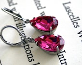Fuchsia Swarovski Crystal Earrings, Oxidized Silver, Pears, Lever Back Ear Wires, Pop of Color