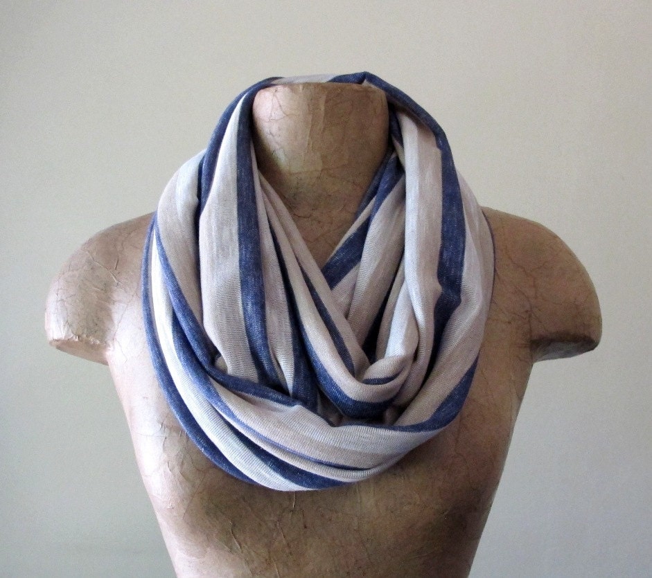 Striped Infinity Scarf - Nautical Jersey Knit Circle Scarf - Infinity Cowl - Denim Blue, Wheat, Straw - Loop Scarf with Stripes