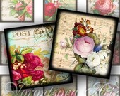 SHABBY ROSES squares image vintage images Digital Collage sheet Printable Download 1x1 inch square for magnets, pendants. v3306