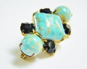 Vintage Czech Blue Cabochon Black Rhinestone Brooch 30s