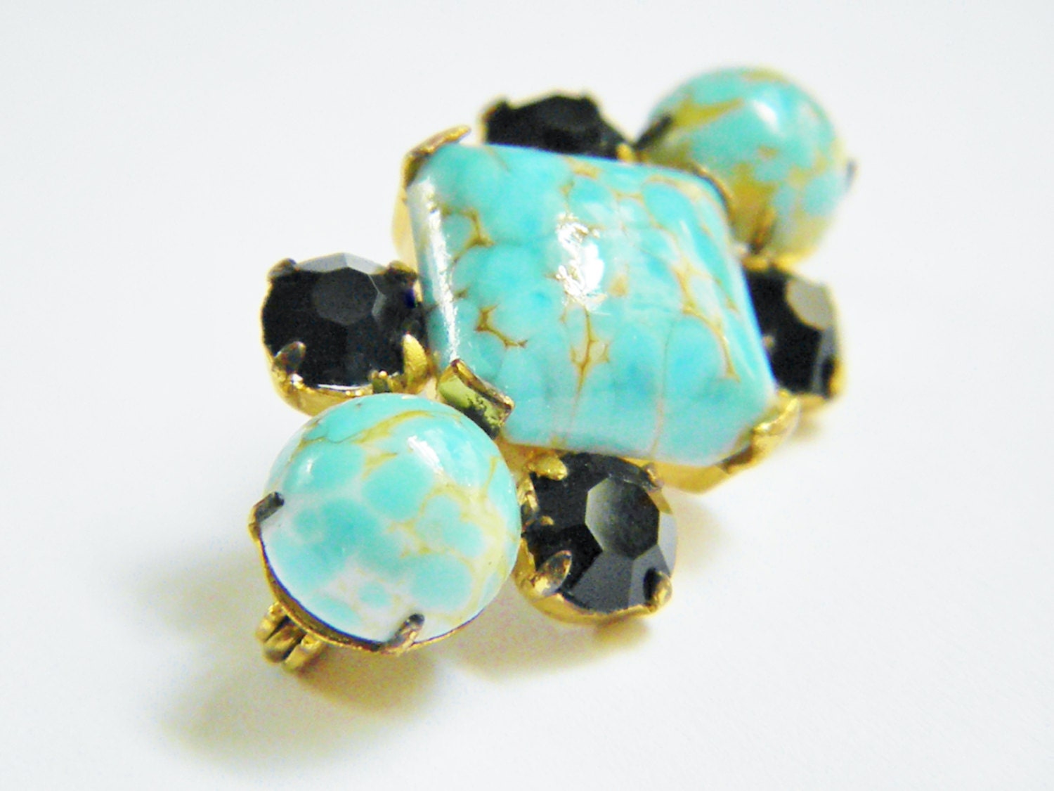 Vintage Czech Blue Cabochon Black Rhinestone Brooch 30s
