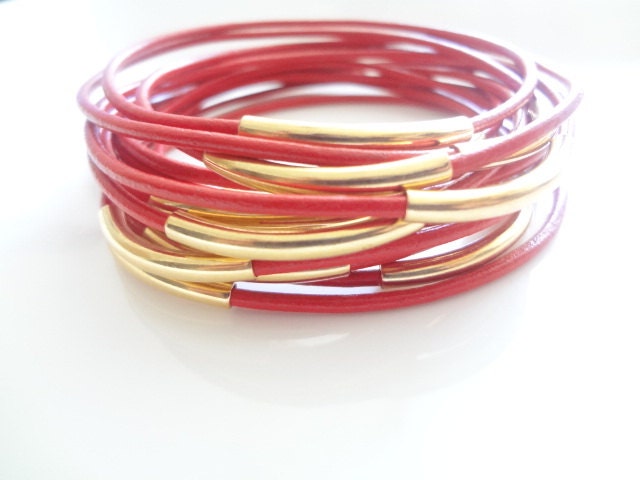 Unisex, 14 Red Leather Gold Tube Bracelet, Bangles, Men, Women, Rocker,Fashion, Modern, Handmade Jewelry, Jewellery