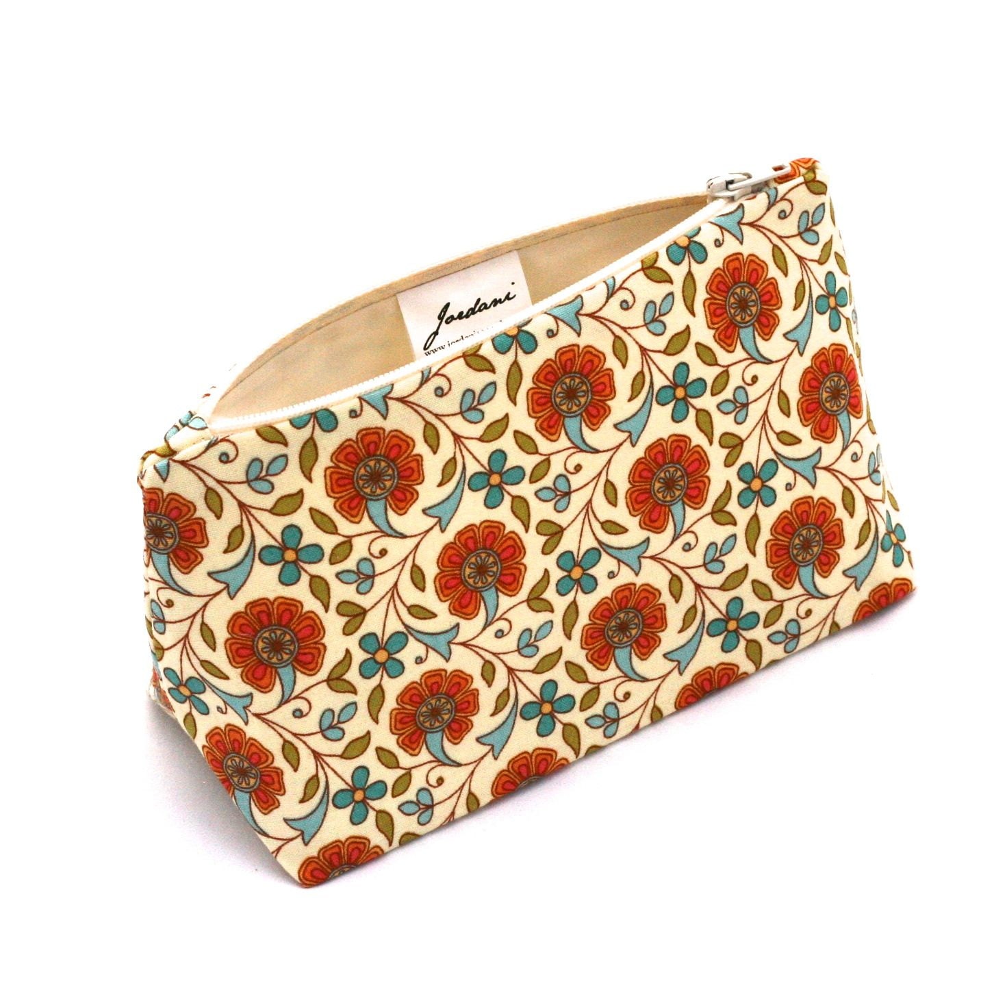 Makeup Bag / Cosmetic Bag in Retro Orange Floral Print Gift for Her -  Vintage Bridesmaid Gift, Birthday Gift
