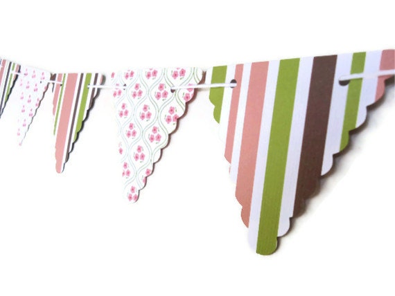 Girl's Nursery Banner, Flowers and Stripes, Double Sided Bunting, Long Bunting Banner, Feminine Party Streamer, Photo Prop Garland