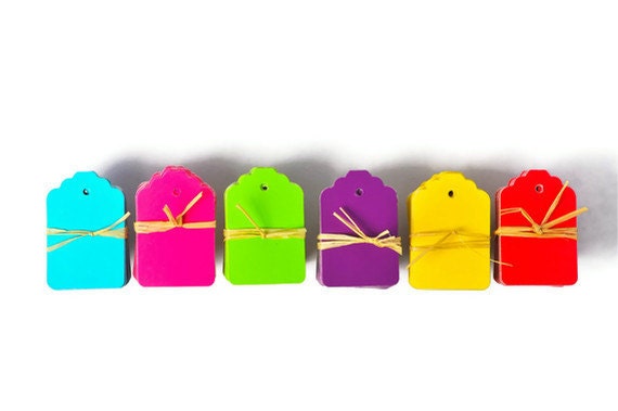 Rainbow tags . 60 colorful mini gift tags . 1.25 by 1.75 . bright colors die cut . turquoise . fuchsia . lime . purple . yellow . red .
