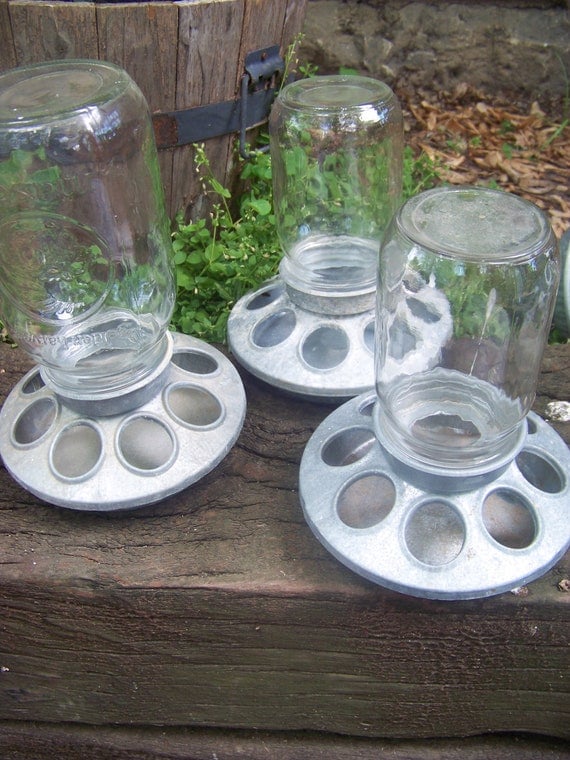 Set Of 3 Vintage Chicken Feeders / Galvanized Metal by DoesMeadow
