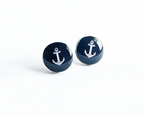 Anchor earrings - Nautical jewelry - Navy blue stud earrings