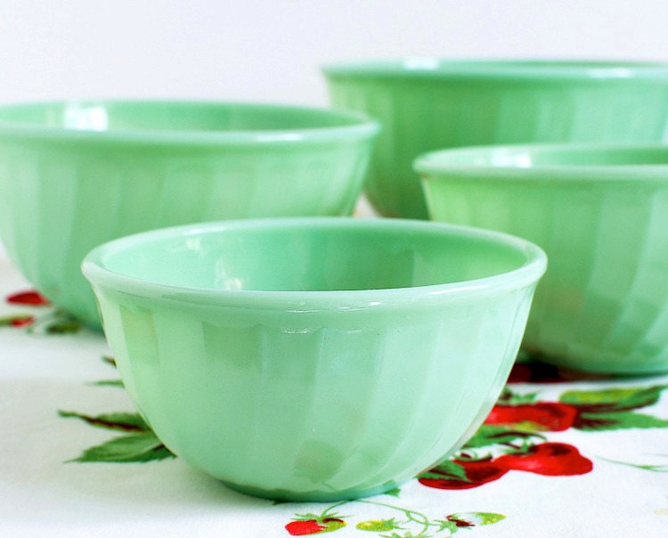 Three Fire King Jadeite Swirl Mixing Bowls, Vintage