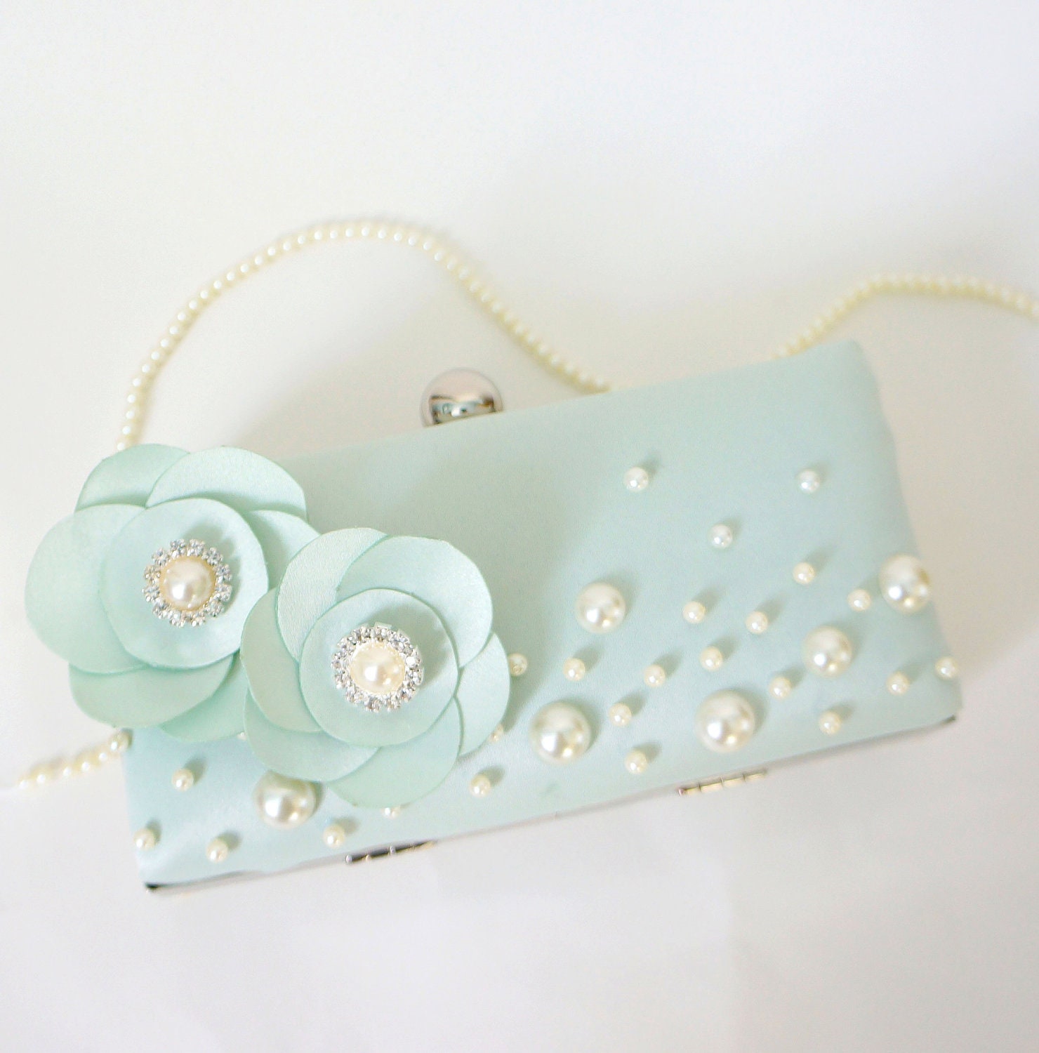 Romantic Seafoam Green Clutch Purse with Pearls and Flower Adornments