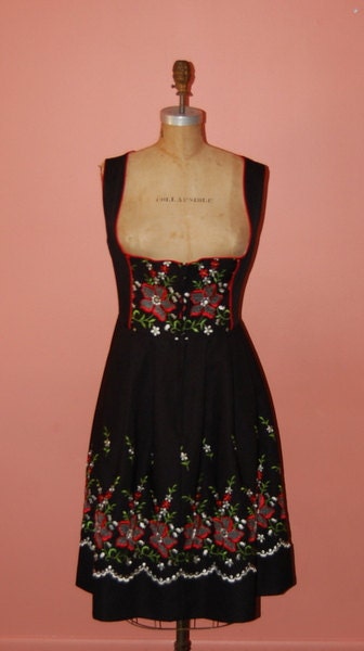 Vintage Dirndl Folk Peasant Embroidered Black Dress Best Ever