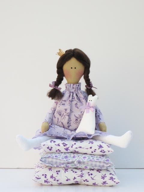 Handmade cloth doll, fairy tale doll Princess and the Pea in lilac dress,brunette with kitty fabric doll - birthday gift for girl - HappyDollsByLesya