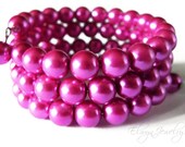 Hot Pink Memory Wire Bracelet, Bridesmaid Gift, Pearl Bracelet, Bridal Party Jewelry