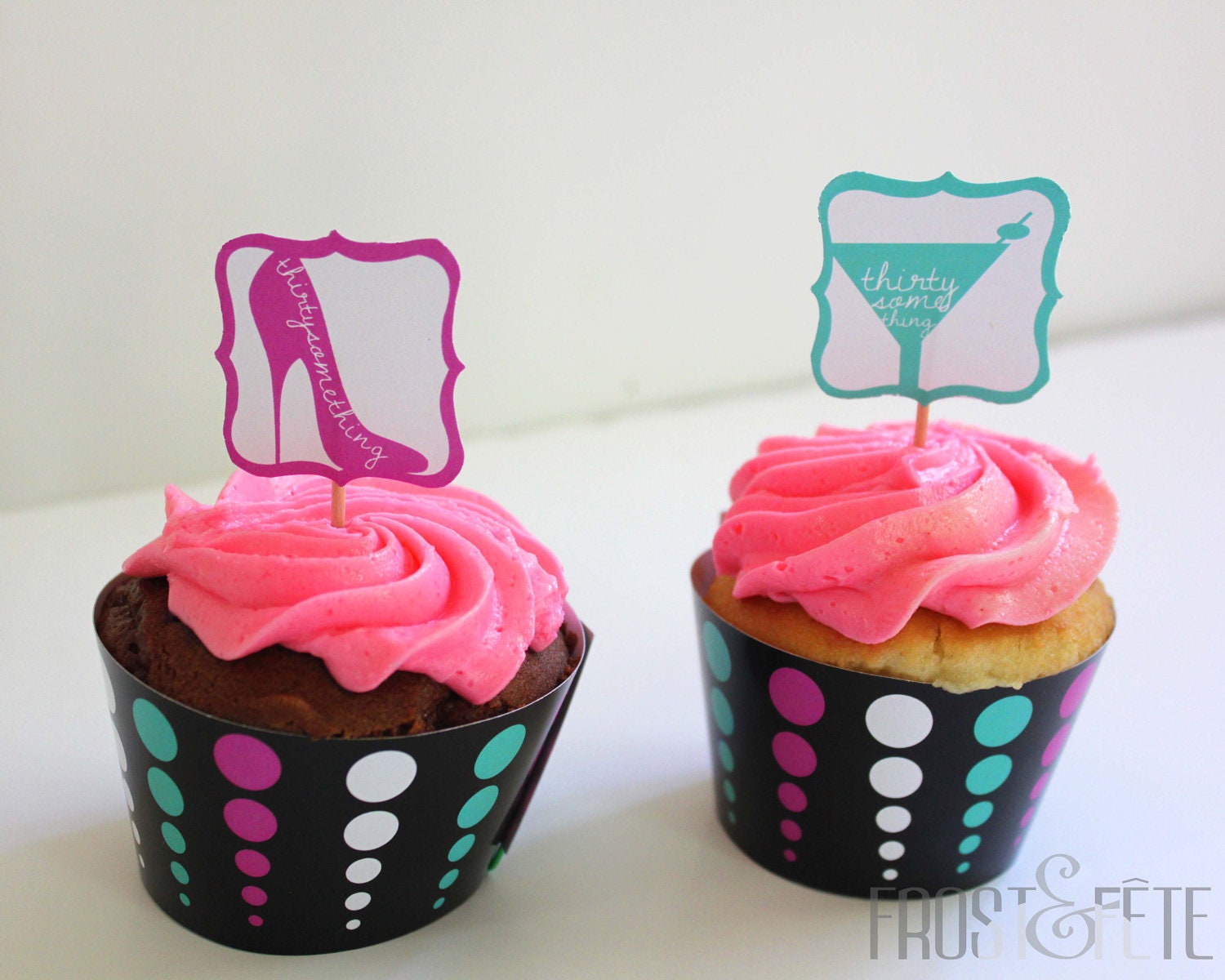 Thirtysomething cupcake toppers and wrappers, set of 12
