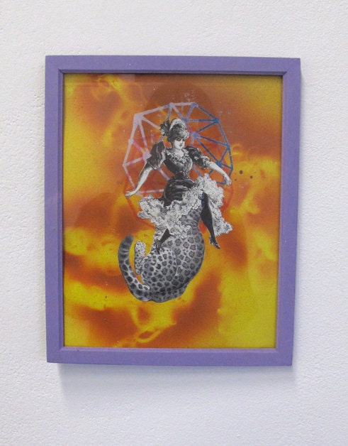 Lady & Jaguar cut paper, screen print and spray paint collage, 8"x10"