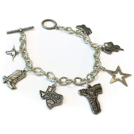 Western Bracelet Silver Jewelry Charm Jewellery Unique Everyday Texas Gun Star Boots Saddle Longhorn Chain B-291