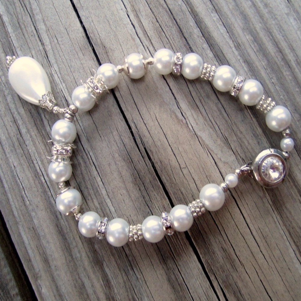 Pearl Bracelet June Birthstone Wedding Bracelet Silver Jewelry Crystal Jewellery Handmade Bride Gifts Glam Teardrop Charm Box Clasp B-L