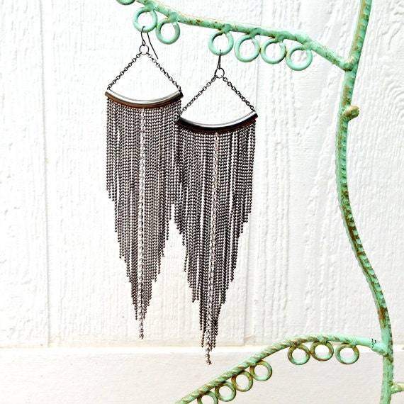Gunmetal Chain Earrings Extra Long Earrings Chandelier Crystal Rhinestones Dangle High Fashion Modern Statement Shoulder Duster