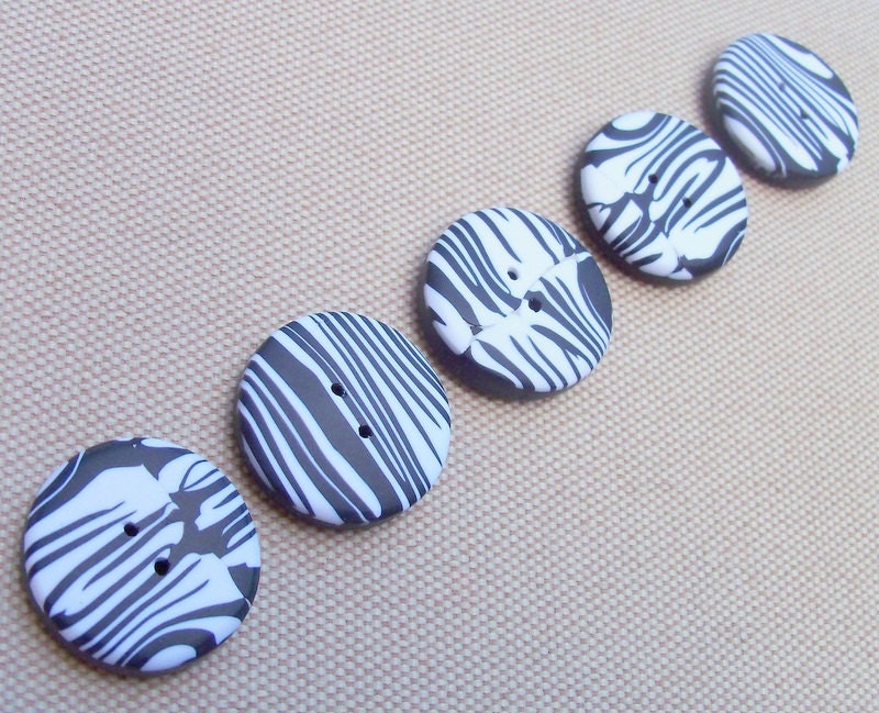 Zebra Striped Hand Crafted Polymer Clay Buttons, set of 5, 3/4 inch black and white