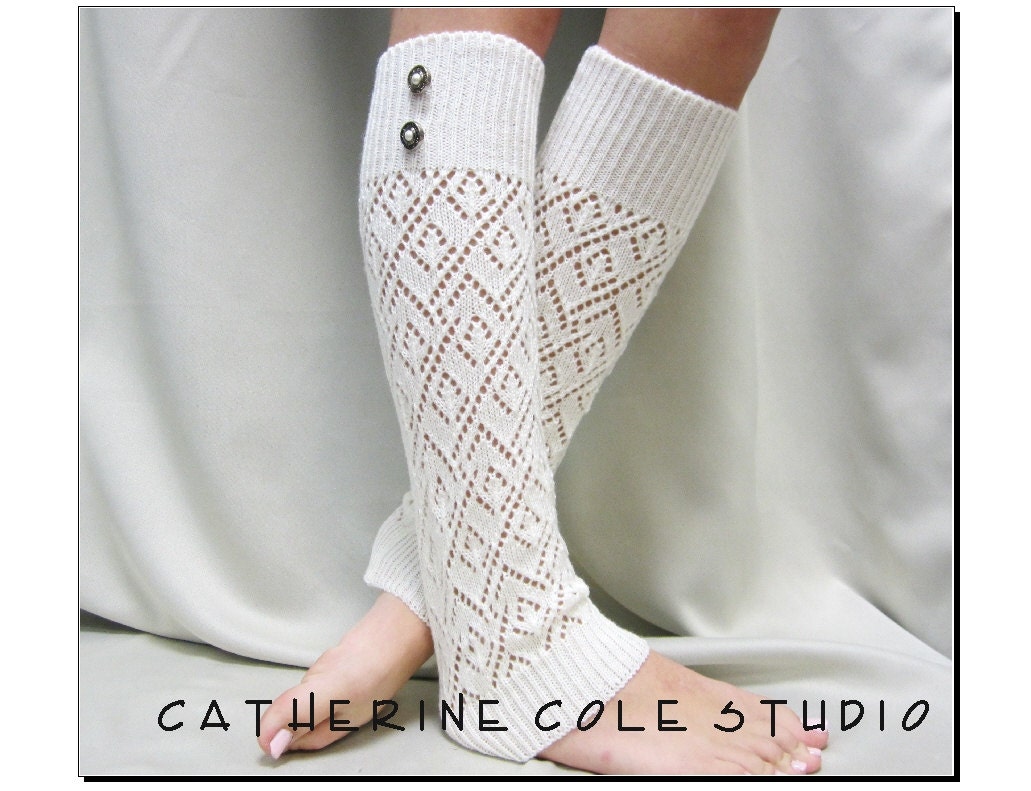 lace leg warmers ivory knit womens diamond knit great with cowboy combat tall boots by Catherine Cole Studio legwarmers open work