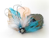 Bridal Fascinator Head Piece, Feather Hair Clip, Wedding Hair Accessory, teal, gold, peach, peacock fascinator