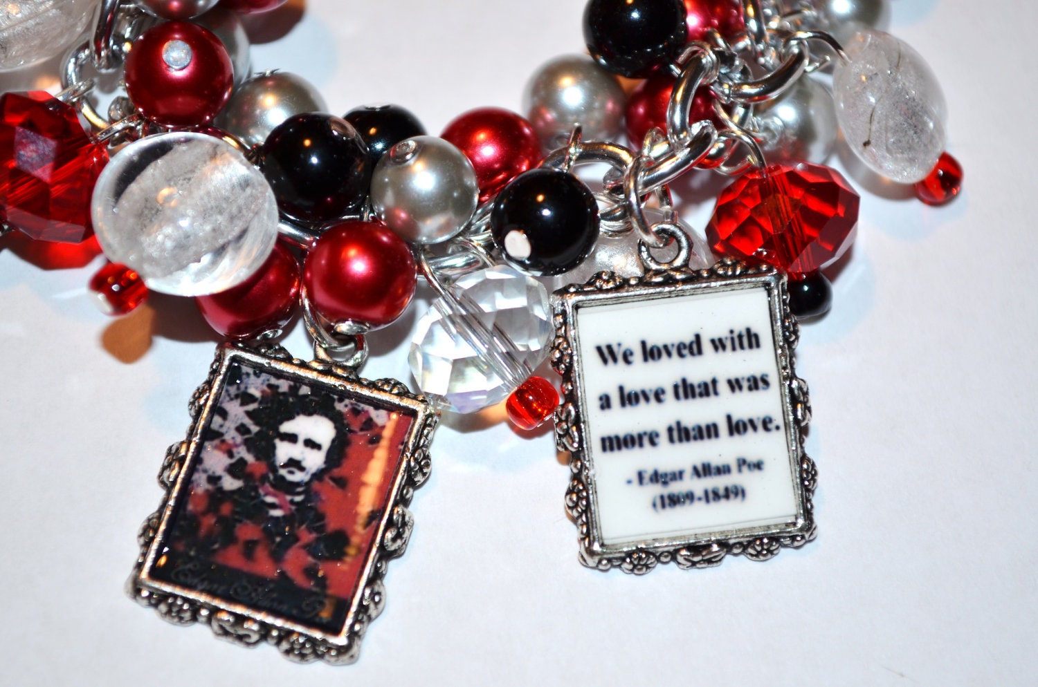 EDGAR ALLAN POE Charm Bracelet The Raven Nevermore Altered Art Handmade Free2BDesigns Red Black Silver
