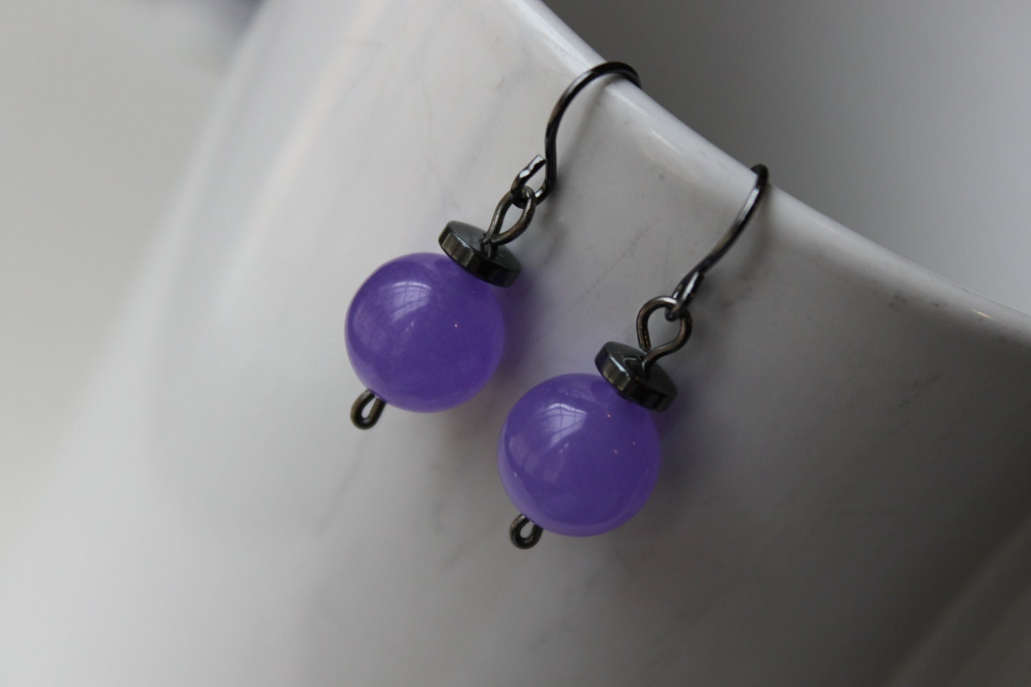 Little simple modern Purple Jade hematite gunmetal dangle Earrings  - Ready To Ship