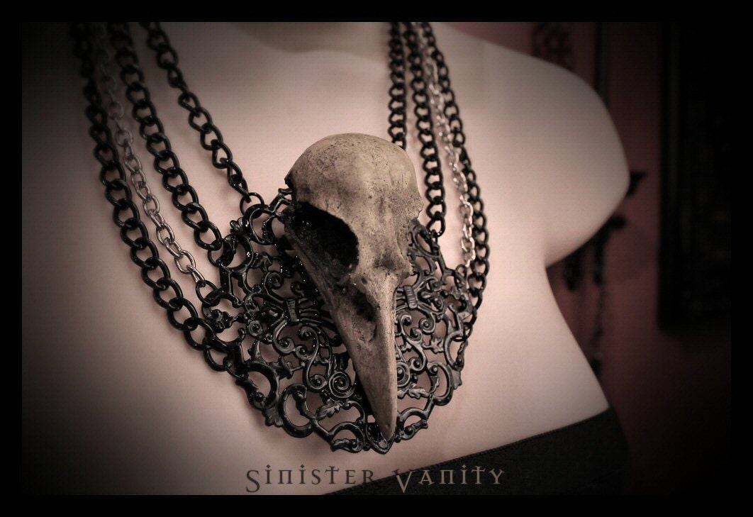Gothic Victorian Raven Crow Skull Bone Chains on Black Filigree Jewelry Necklace