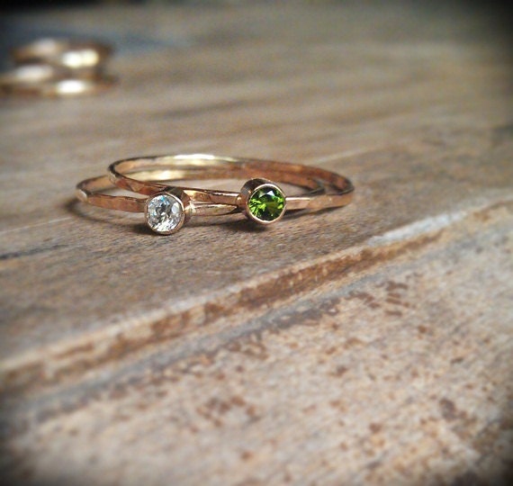 2 Hammered Stackable Gemstone Rings 14k gold set faceted gemstone