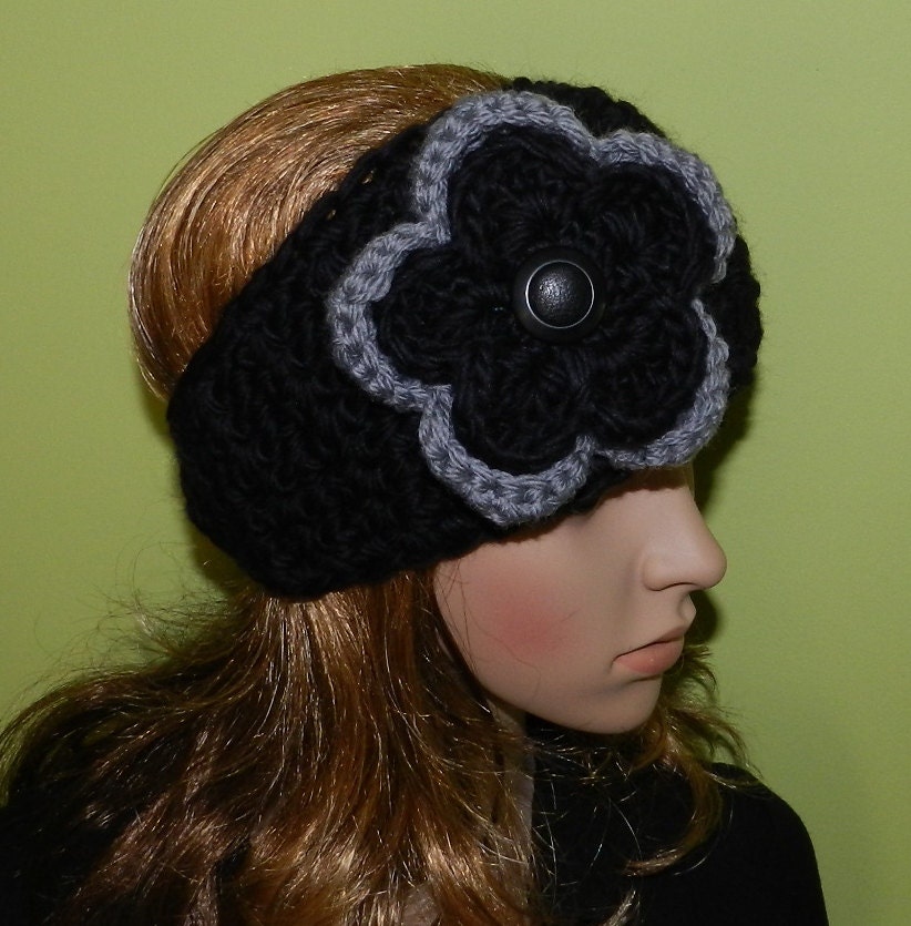 Hand Crochet Womens Headband Head Warmer Headwrap Headband in BLACK color with big flower  PERUVIAN WOOL