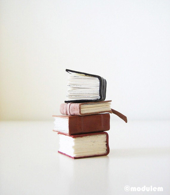 Miniature Library Collection, 4 Handmade Leather Books, classic decor, quirky, book art, librarian chic, bohemian decor, one of a kind, 1x1