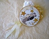 Deco Wedding Cake Topper - Bride and Groom on Crescent Moon- Glistening Stars  - Detailed in Gold Glitter