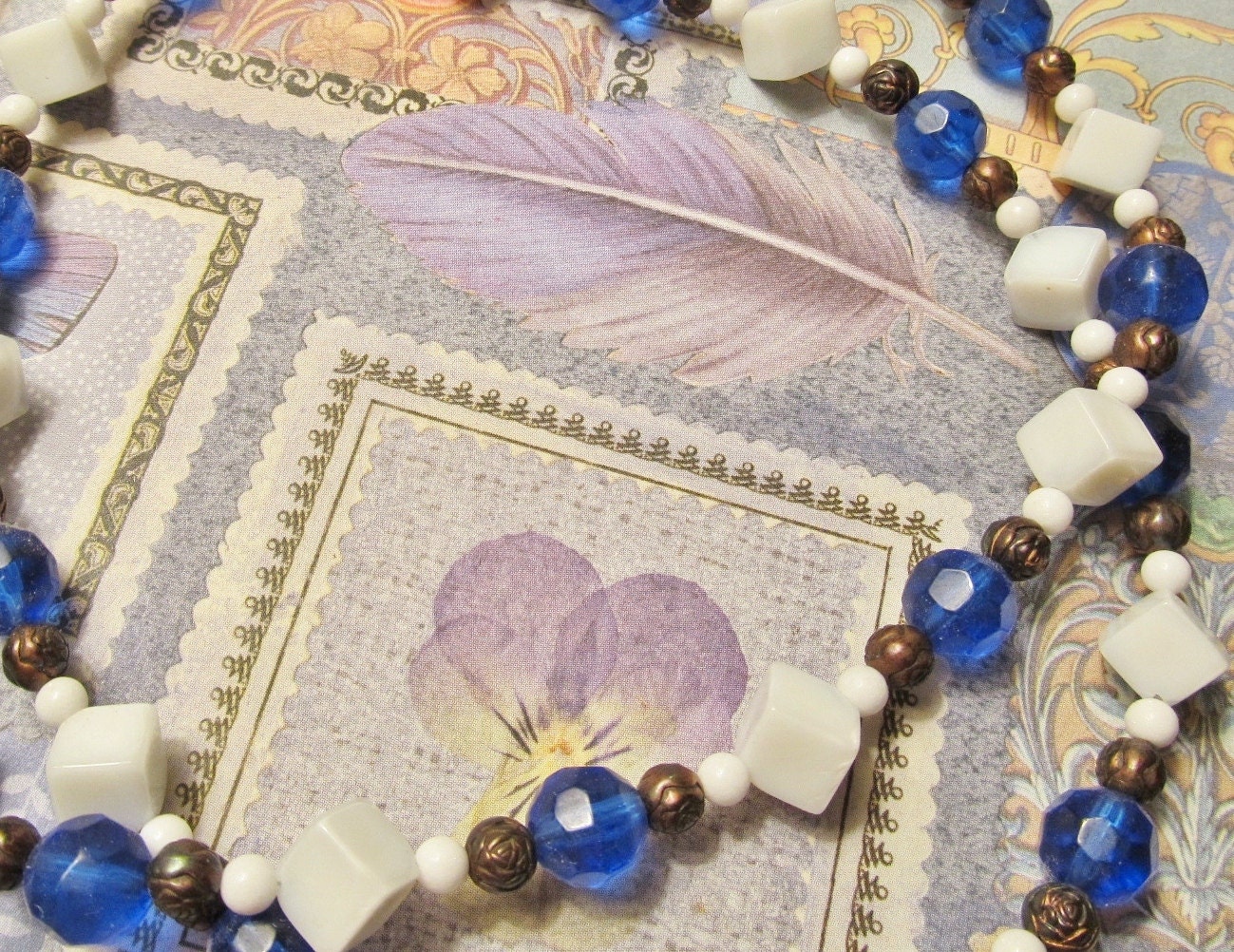 White Jade and Royal Blue Glass Long Necklace
