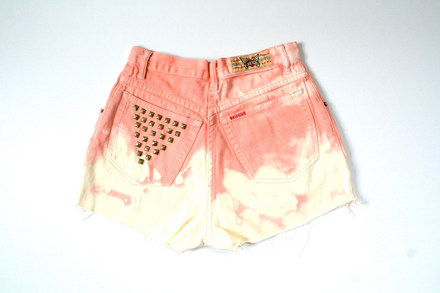 OMBRE shorts in orange and yellow denim, studded shorts, size extra/small-small XS-S 4-6, stained disstressed, 80's 90's look