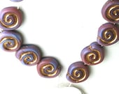 pressed glass beads snail ammonite shape blue pink purple 14 beads