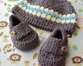 Baby Boy Beanie Hat and Loafer Booties - Handmade Shower Set - Modern Crochet Infant Booties Size 0 to 3 Months - Size 1 Shoe - Gift Boxed