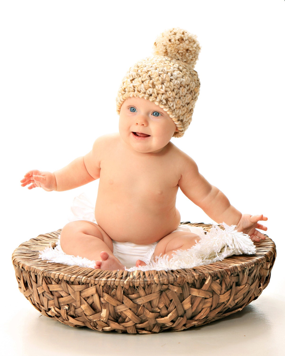 Baby Winter Hat Beanie With Pom Pom - Cream Color Crocheted Fashion Infant Cap - Size 6 to 12 Months - Handmade - Ready to Ship - Gift Boxed